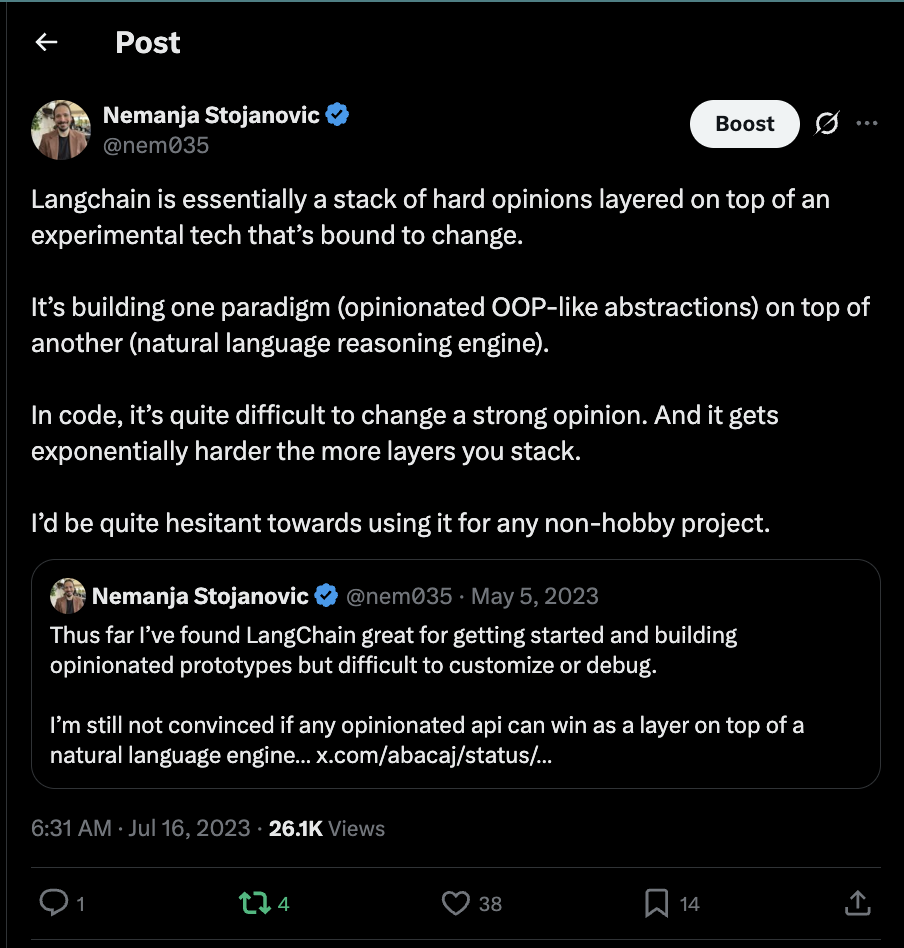 My July 2023 X post arguing that LangChain stacked hard opinions on top of experimental technology.