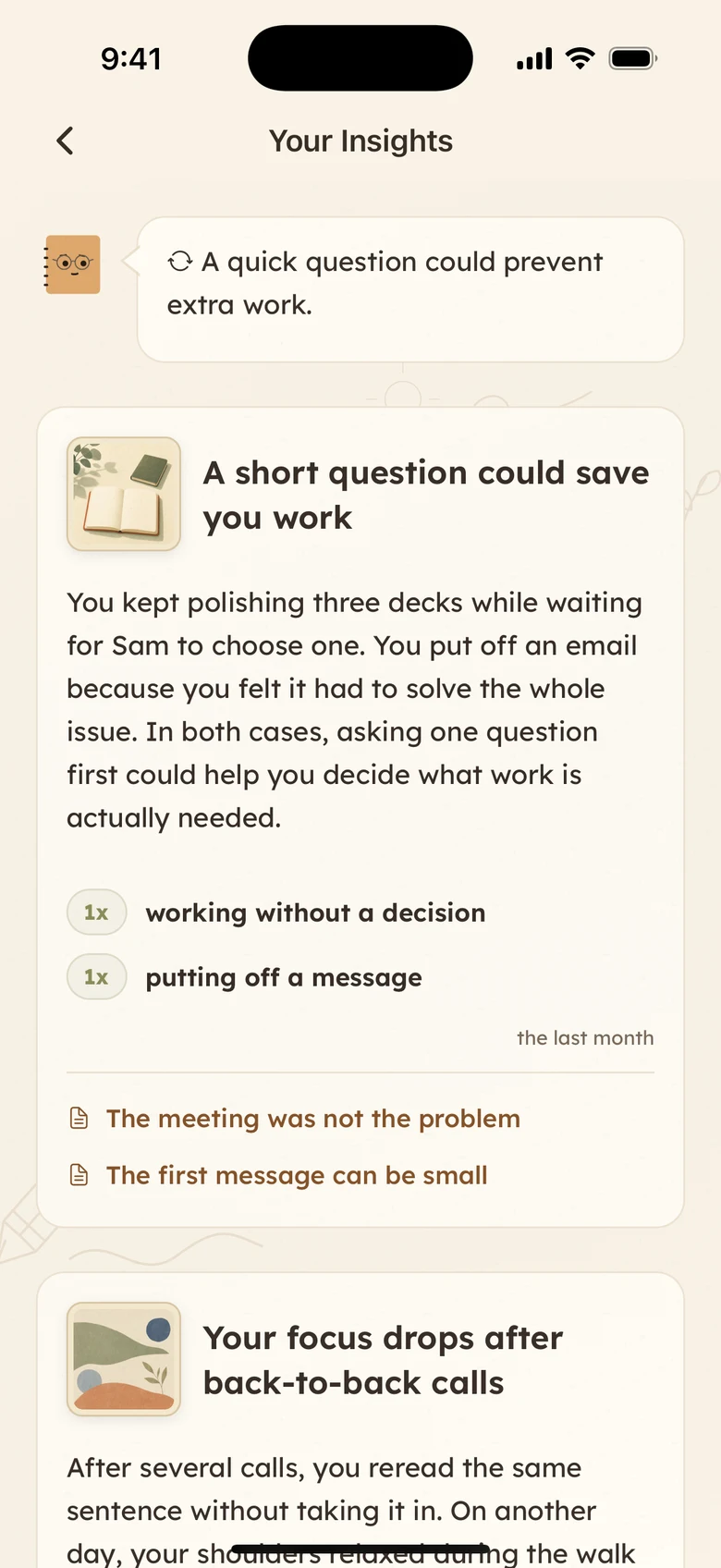 Lound connects two entries about unnecessary preparation and suggests asking a question before doing more work