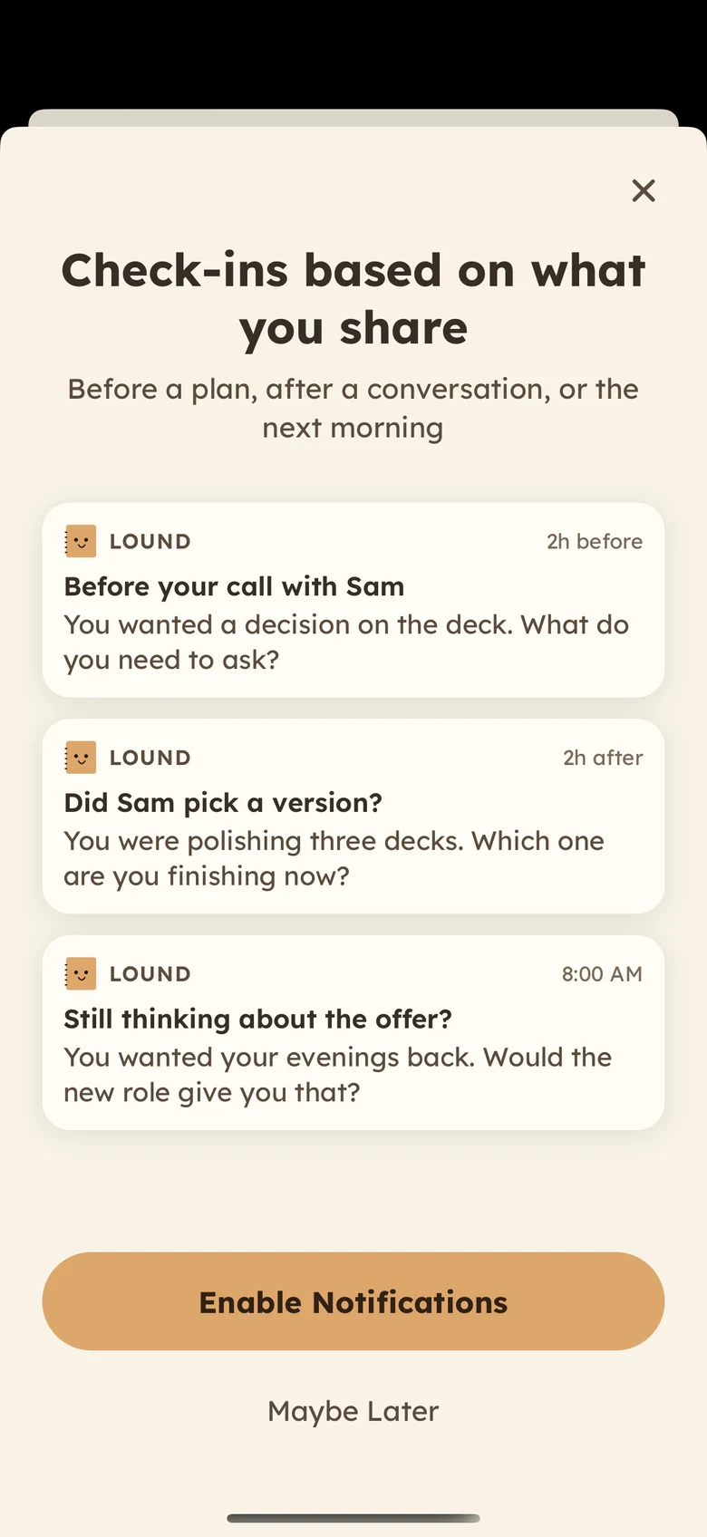 Sample smart notifications before and after a call with Sam, plus a morning question connecting a job offer to having evenings free